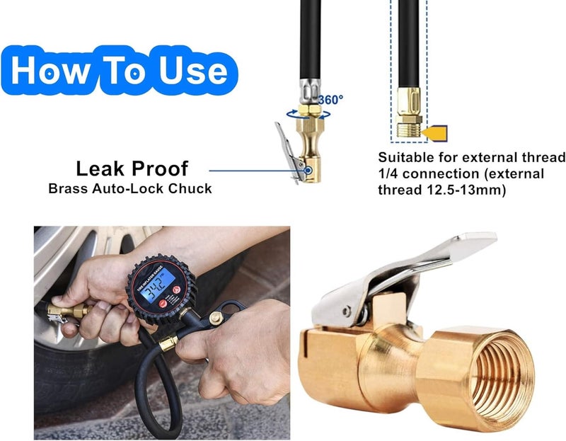 LDCRE Heavy Duty Brass Air Chuck, Open Flow Straight Tire Chuck with Lock-on Clip, 1/4" FNPT Tyre Chuck for Tire Inflator Pressure Gauge Air Pump Compressor Accessories (Brass, 2 Pack) - Image 4